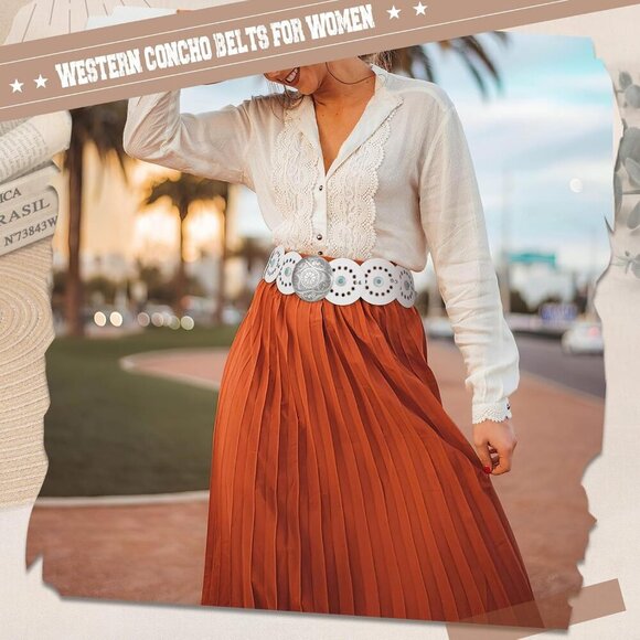 Woman\'s Western PU Leather Belts Concho Disc Wide Waist Belt White Silver Buckle main image 4